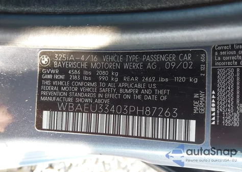 2003 BMW 325Xi from USA, damaged, VIN WBAEU33403PH87263